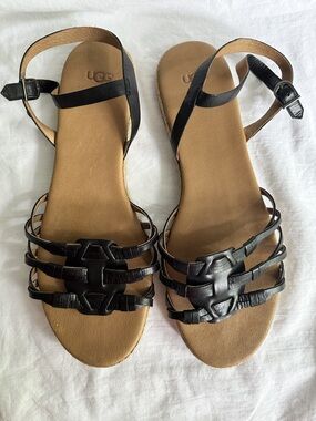UGG Black Leather Strappy Flat Sandals - Women's Size 11 US / 9.5 UK / 42 EU